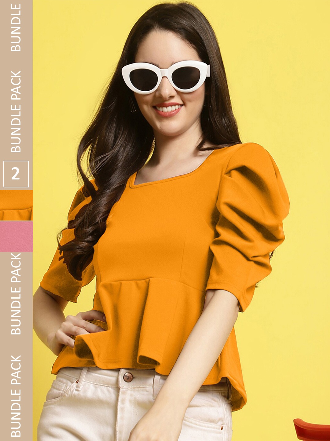 

Fabflee Pack Of 2 Puff Sleeves Peplum Top, Orange