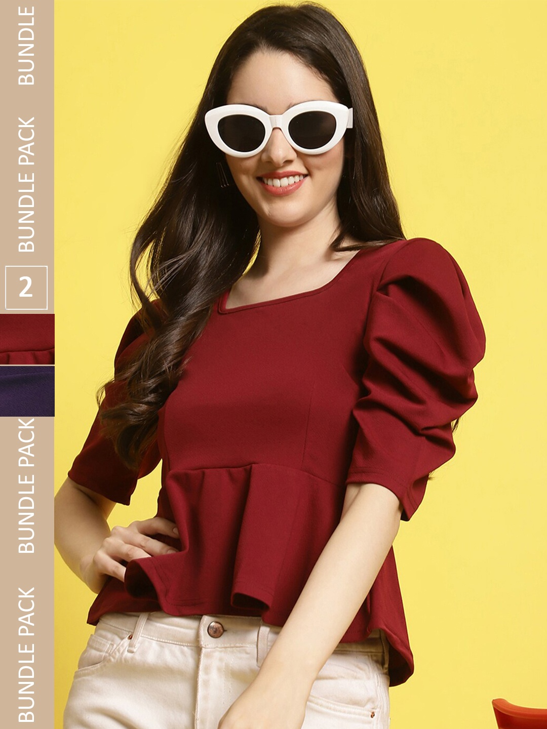 

Fabflee Pack Of 2 Puff Sleeves Peplum Top, Maroon
