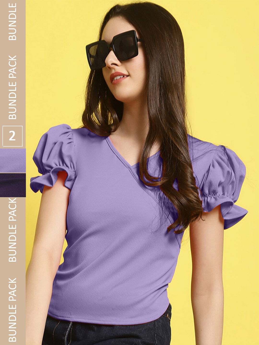 

Fabflee Pack of 2 V-Neck Puff Sleeves Top, Lavender