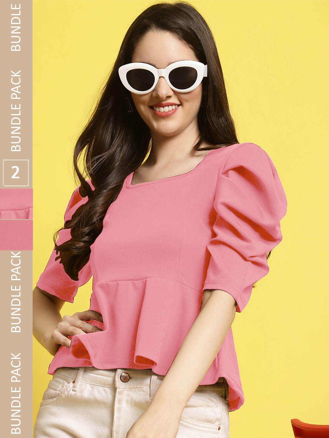 

Fabflee Pack of 2 Square Neck Puff Sleeves Peplum Top, Pink