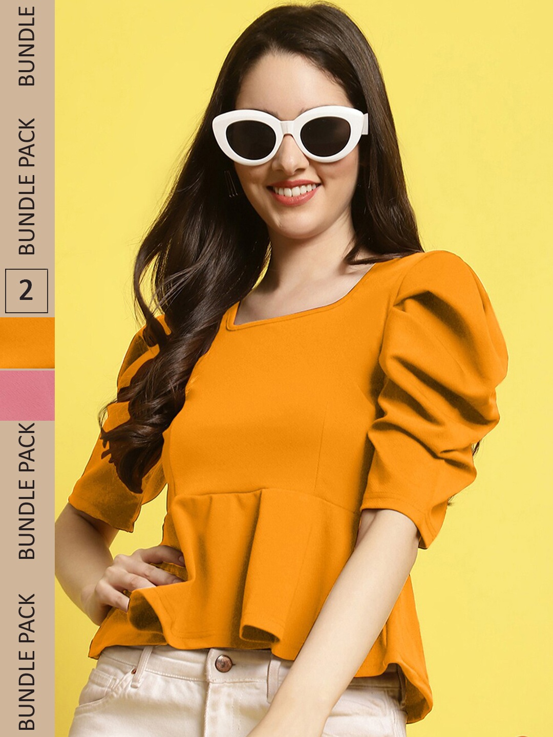 

Fabflee Pack Of 2 Regular Peplum Top, Mustard