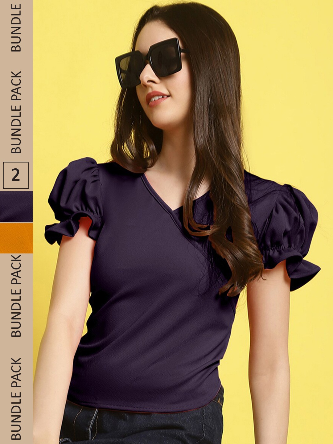

Fabflee Pack Of 2 Puffed Sleeves Tops, Navy blue