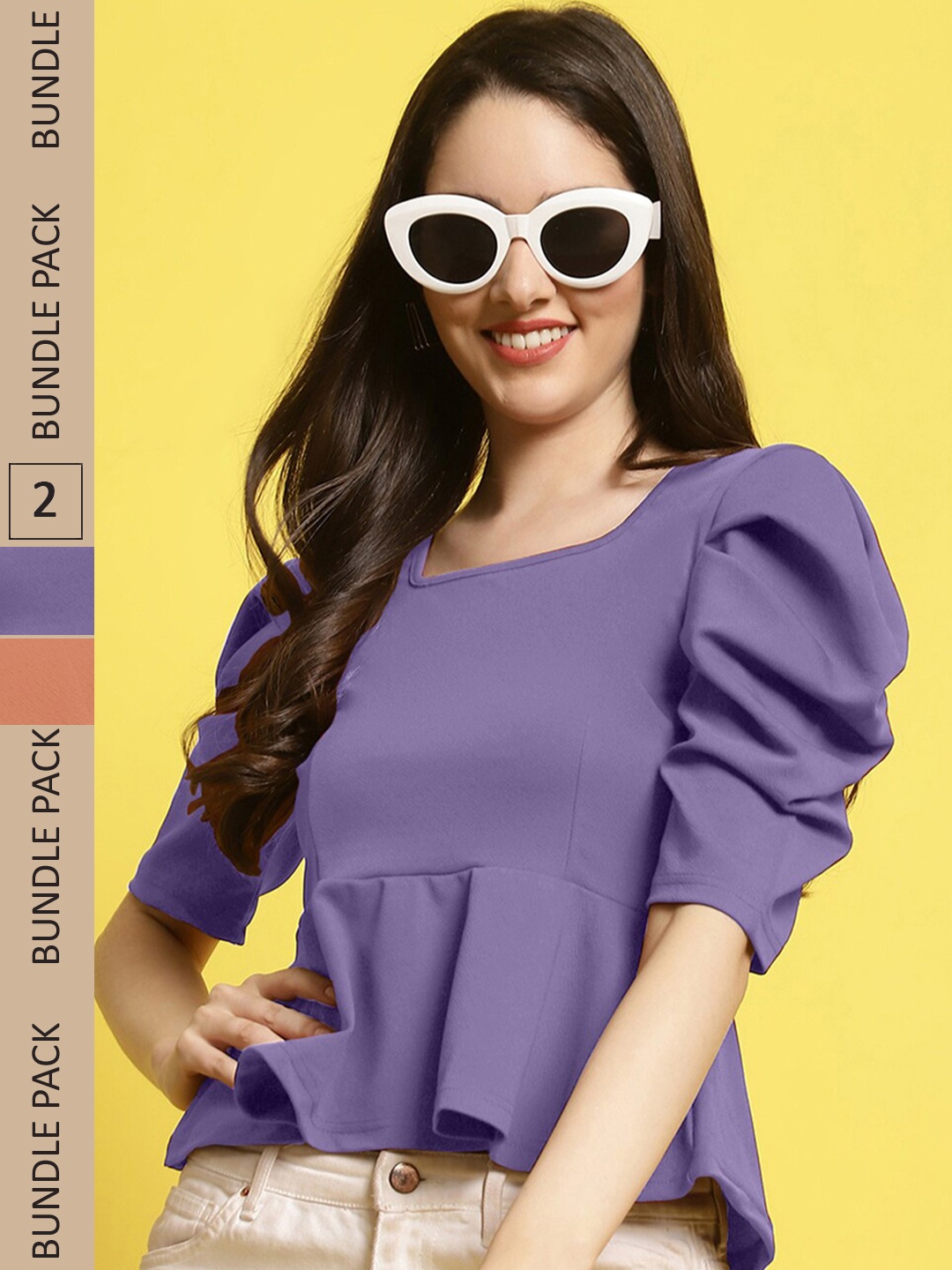 

Fabflee Pack Of 2 V-Neck Puff Sleeves Peplum Top, Lavender