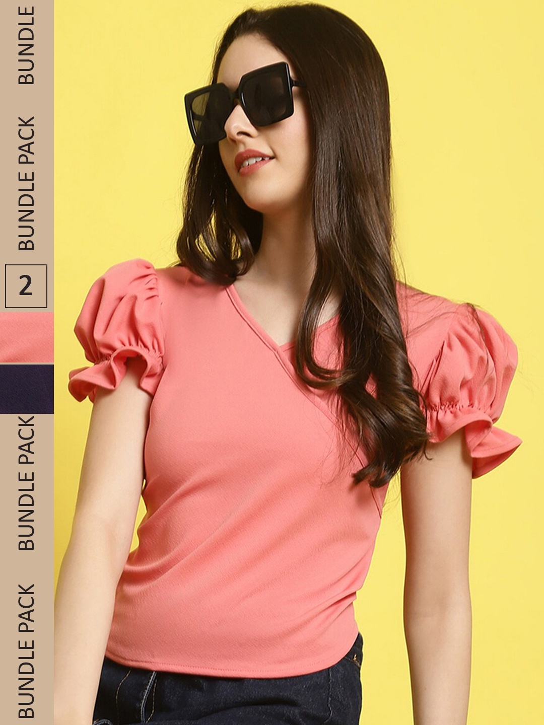 

Fabflee Pack Of 2 V-Neck Puff Sleeves Regular Top, Orange