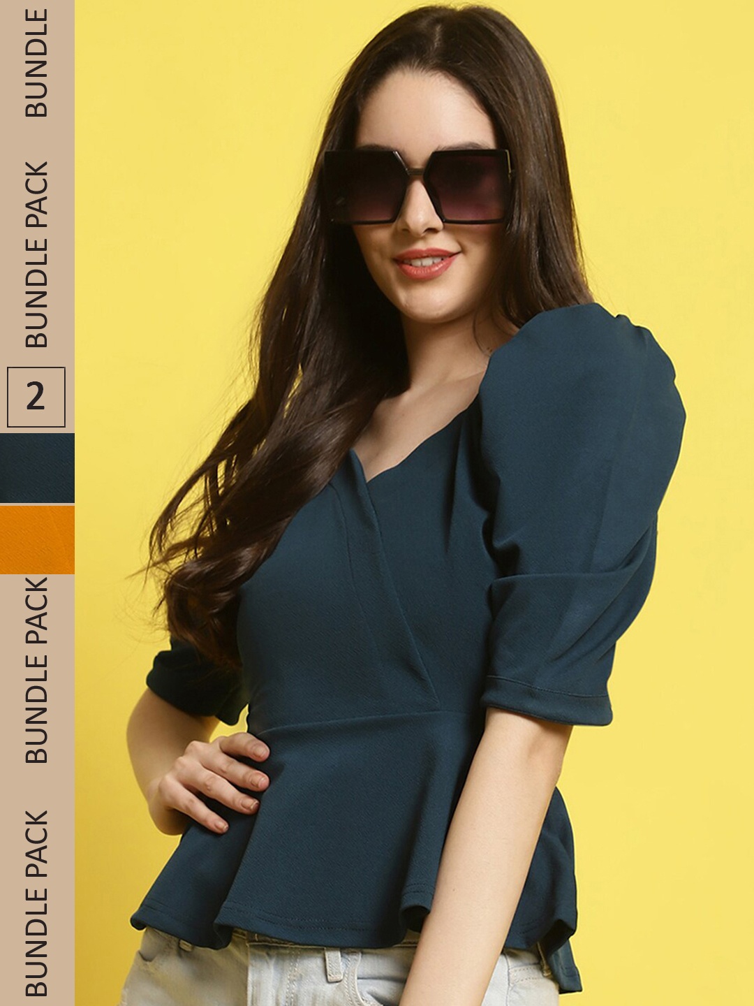 

Fabflee Pack Of 2 Puff Sleeves Peplum Top, Green
