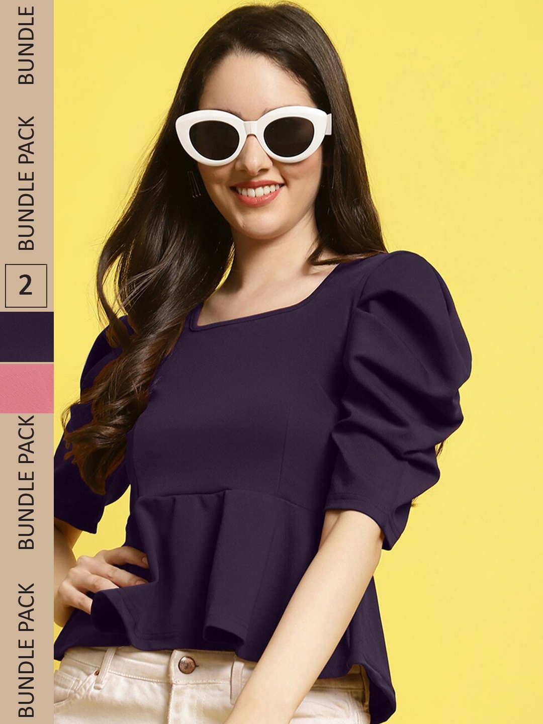 

Fabflee Pack Of 2 Square Neck Puff Sleeves Peplum Top, Purple