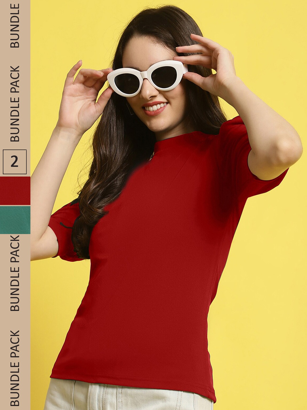 

Fabflee Pack Of 2 V-Neck Puff Sleeves Peplum Top, Red
