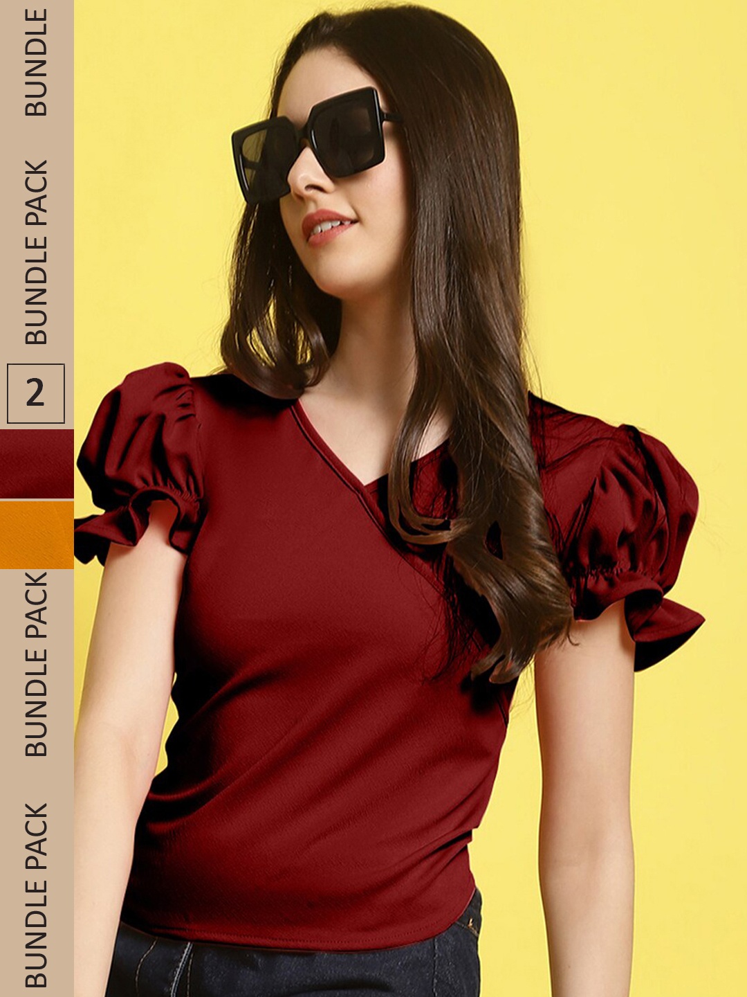 

Fabflee Pack Of 2 V-Neck Puff Sleeves Regular Top, Maroon