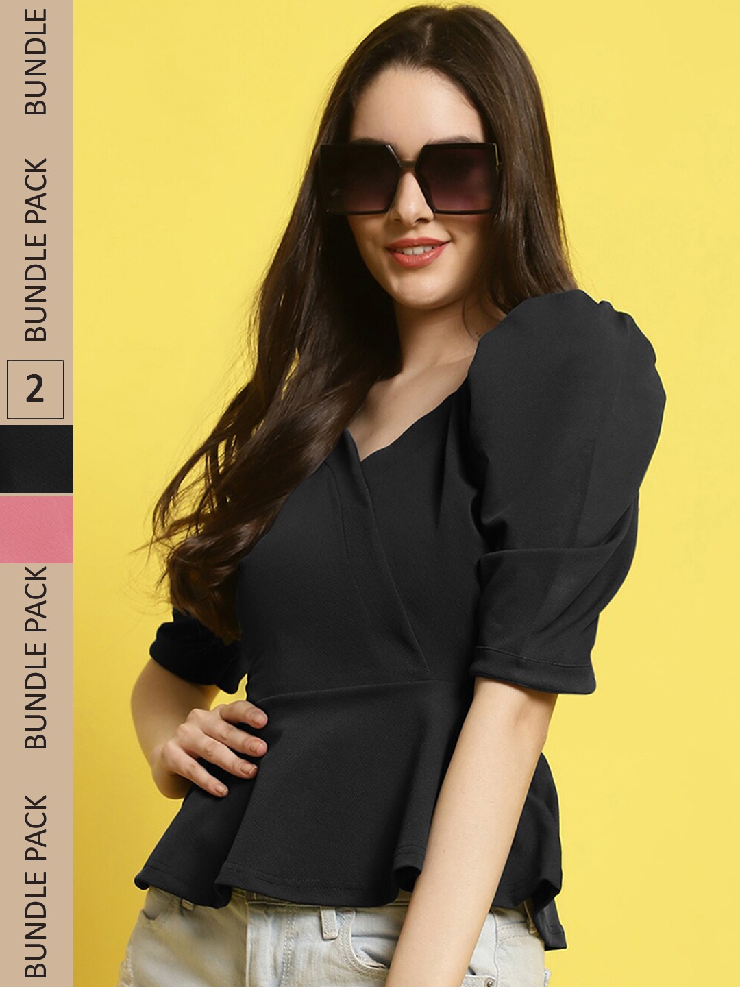 

Fabflee Pack Of 2 V-Neck Puff Sleeves Peplum Top, Black