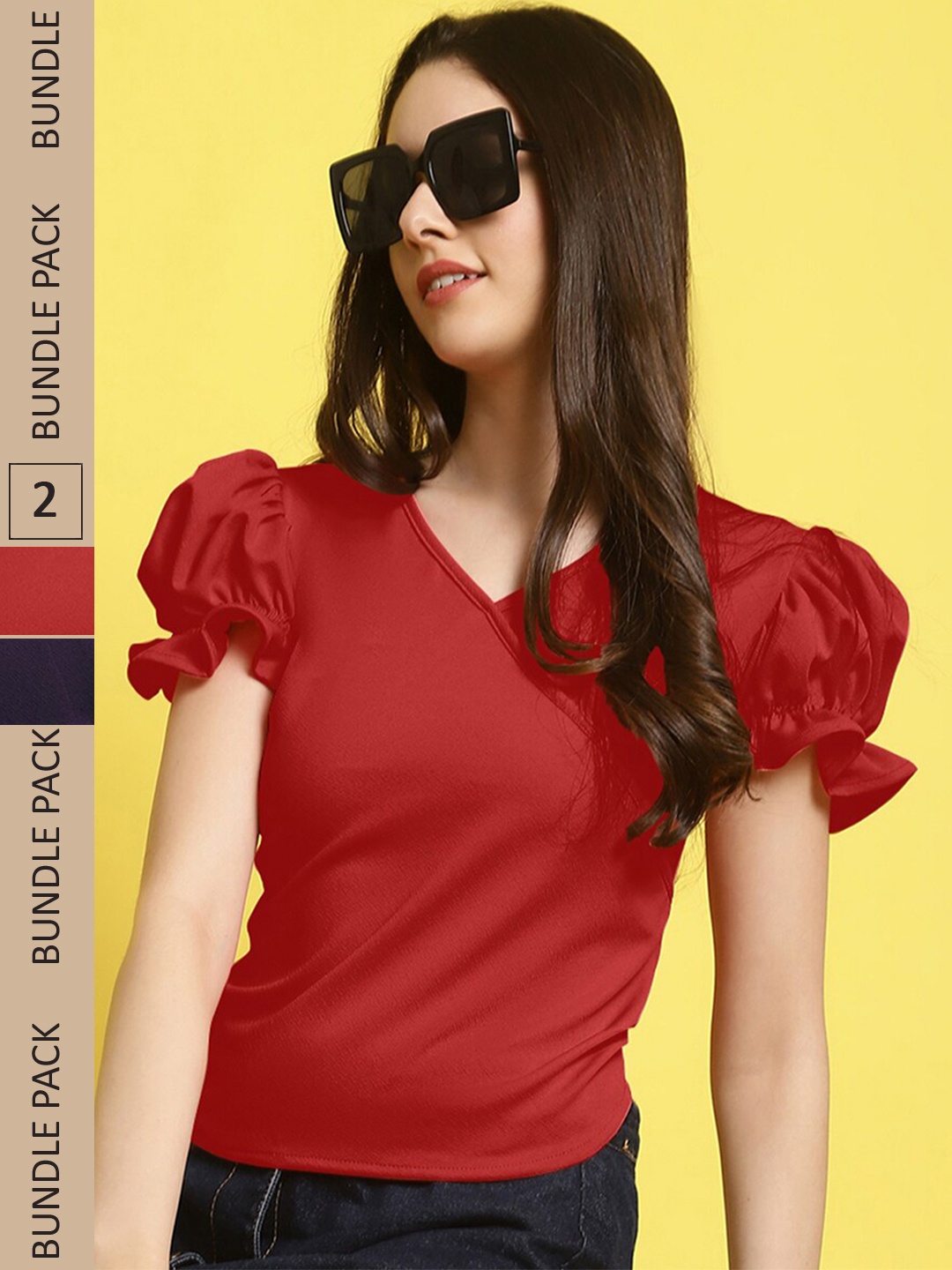 

Fabflee Pack of 2 V-Neck Puff Sleeves Top, Red
