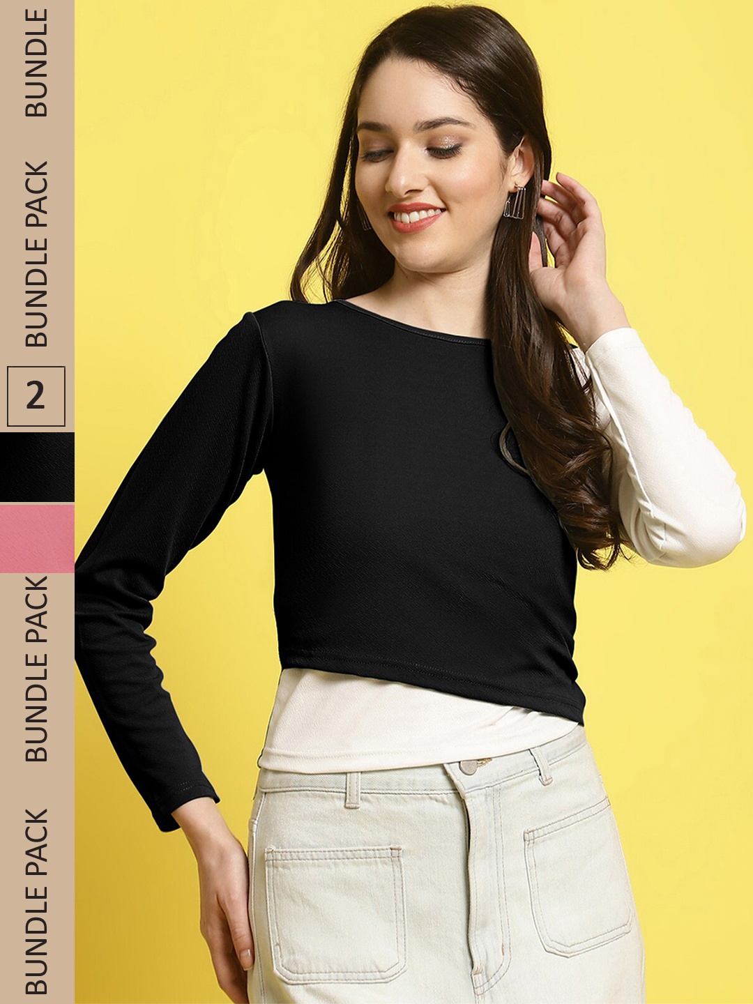 

Fabflee Pack of 2 V-Neck Puff Sleeves Peplum Top, Black