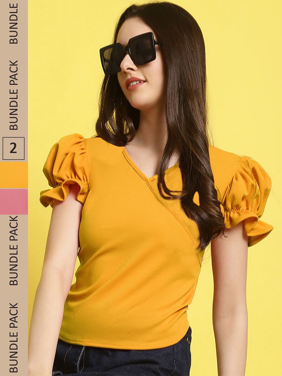 

Fabflee Pack Of 2 V-Neck Puff Sleeves Peplum Top, Mustard
