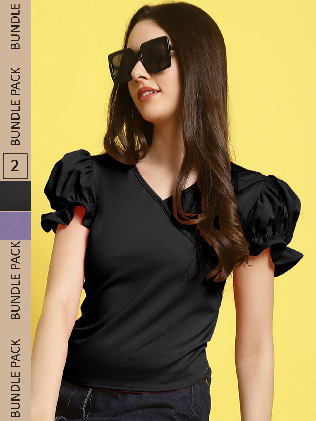 

Fabflee Pack Of 2 V-Neck Puff Sleeves Regular Top, Black