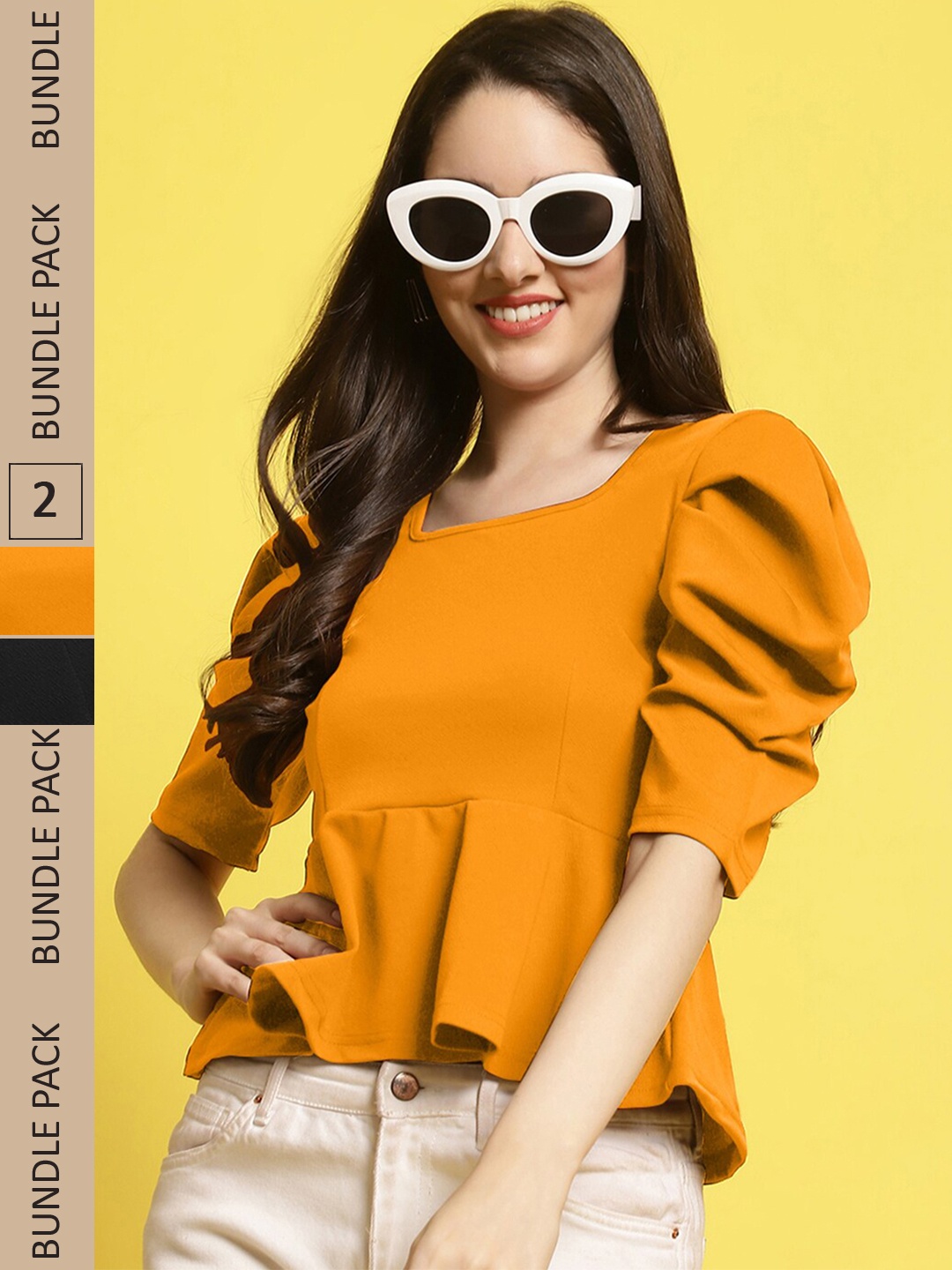 

Fabflee Pack Of 2 Puff Sleeves Peplum Tops, Mustard