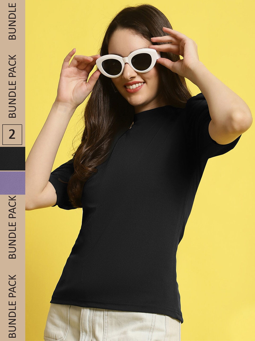 

Fabflee Pack Of 2 Round Neck Puff Sleeve Top, Black