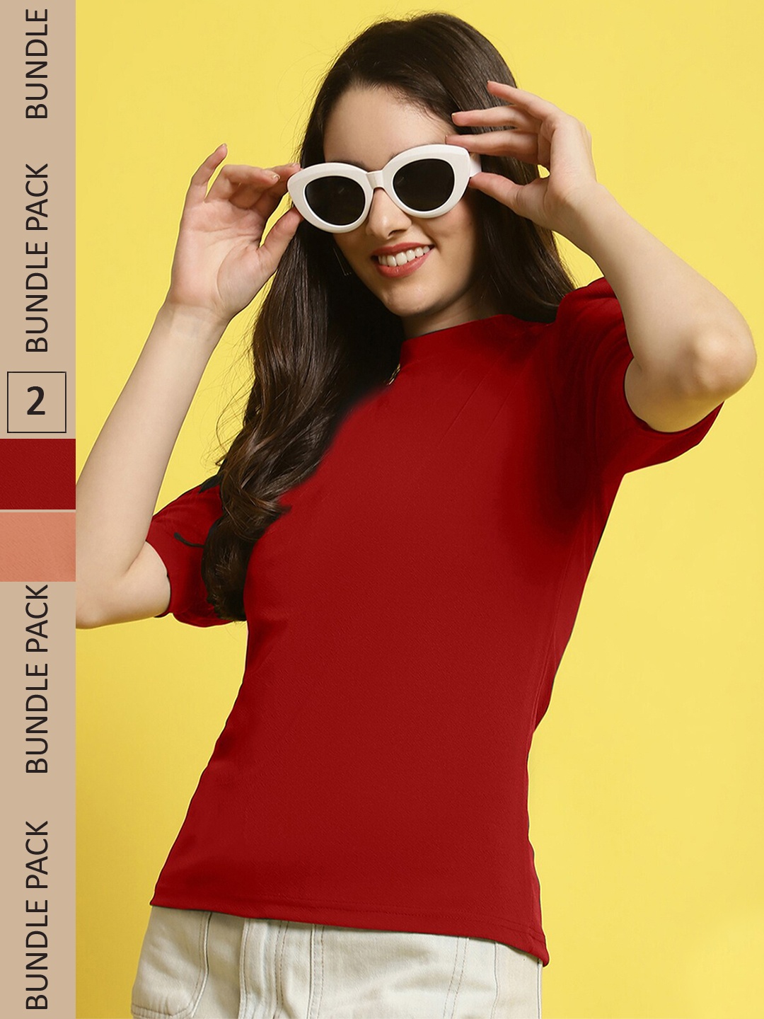 

Fabflee Pack of 2 High Neck Puff Sleeves Top, Red