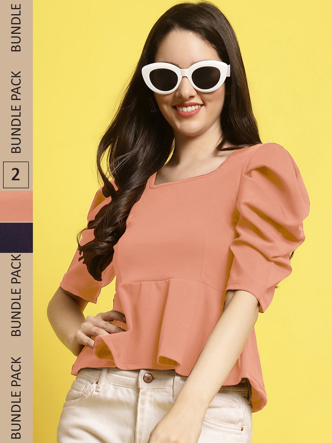 

Fabflee Pack of 2 Puff Sleeves Peplum Top, Orange