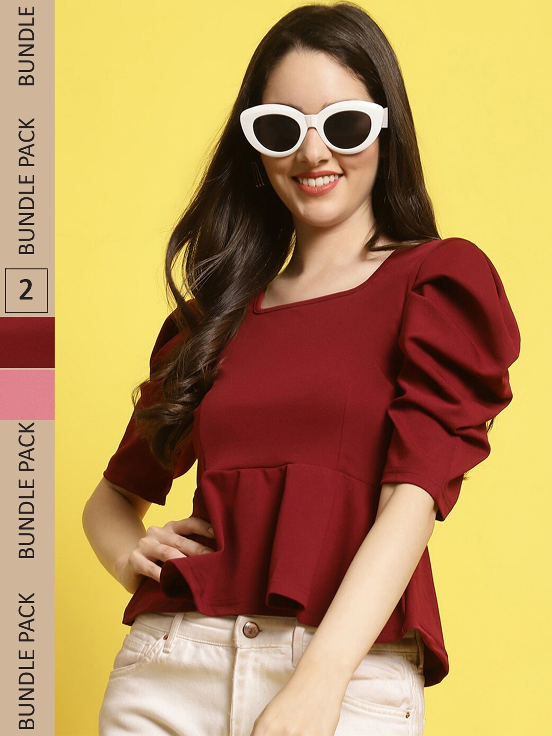 

Fabflee Pack Of 2 Puff Sleeves Tops, Maroon