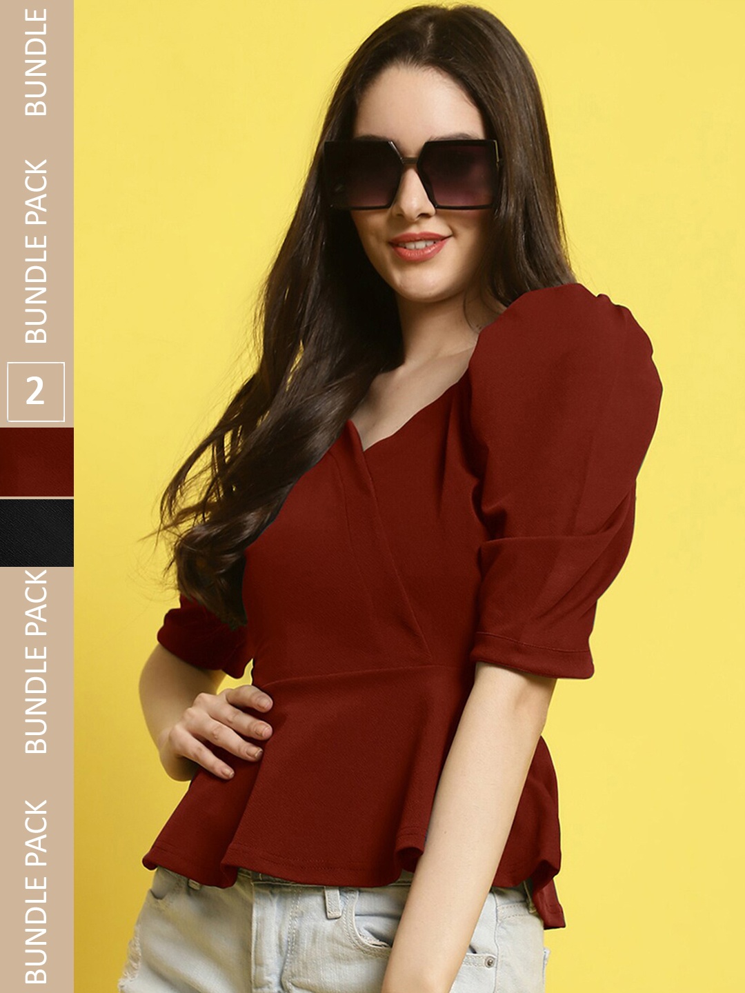 

Fabflee Pack Of 2 V-Neck Puff Sleeves Peplum Top, Maroon