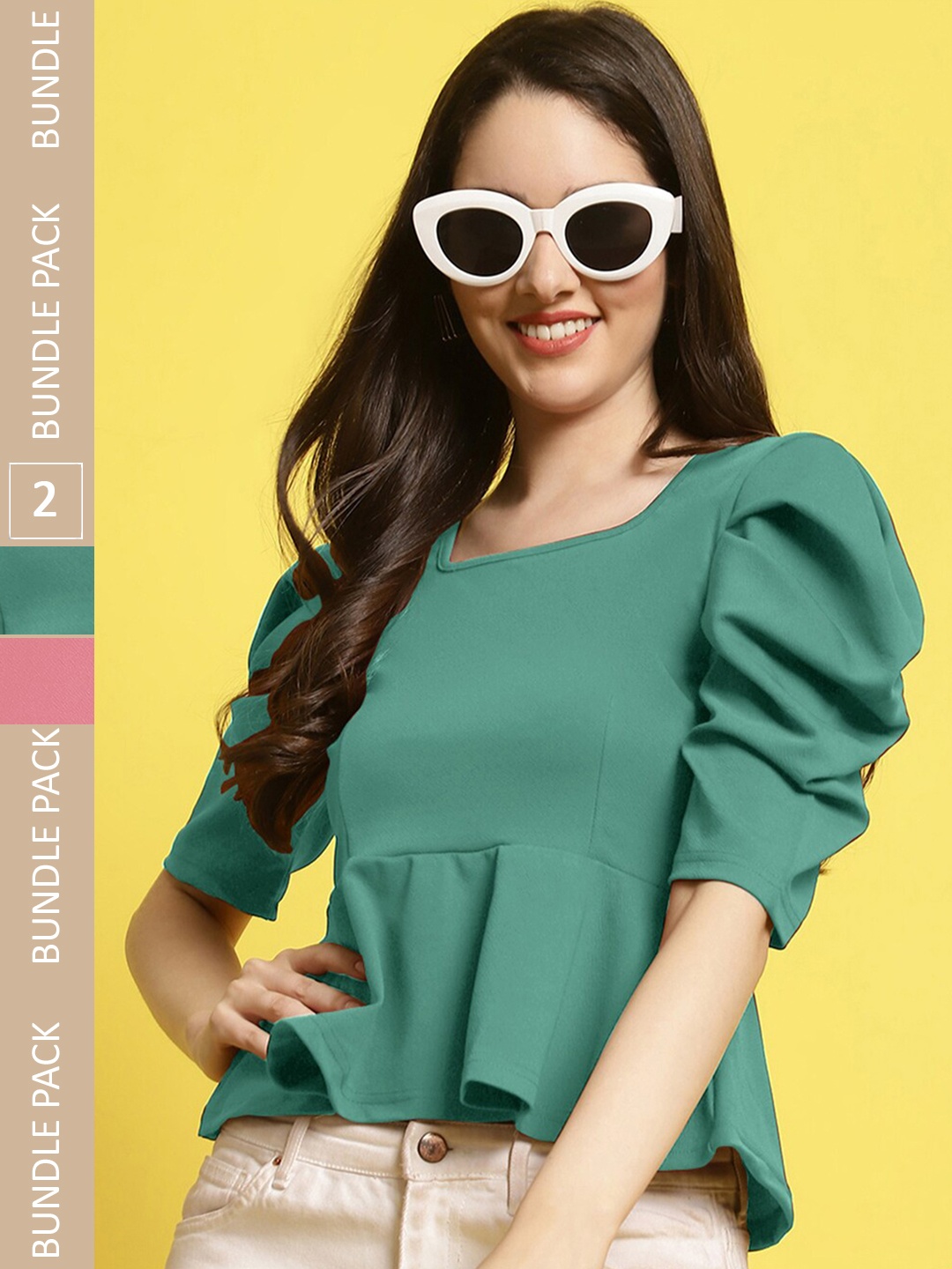 

Fabflee Pack Of 2 Square Neck Puff Sleeves Top, Green