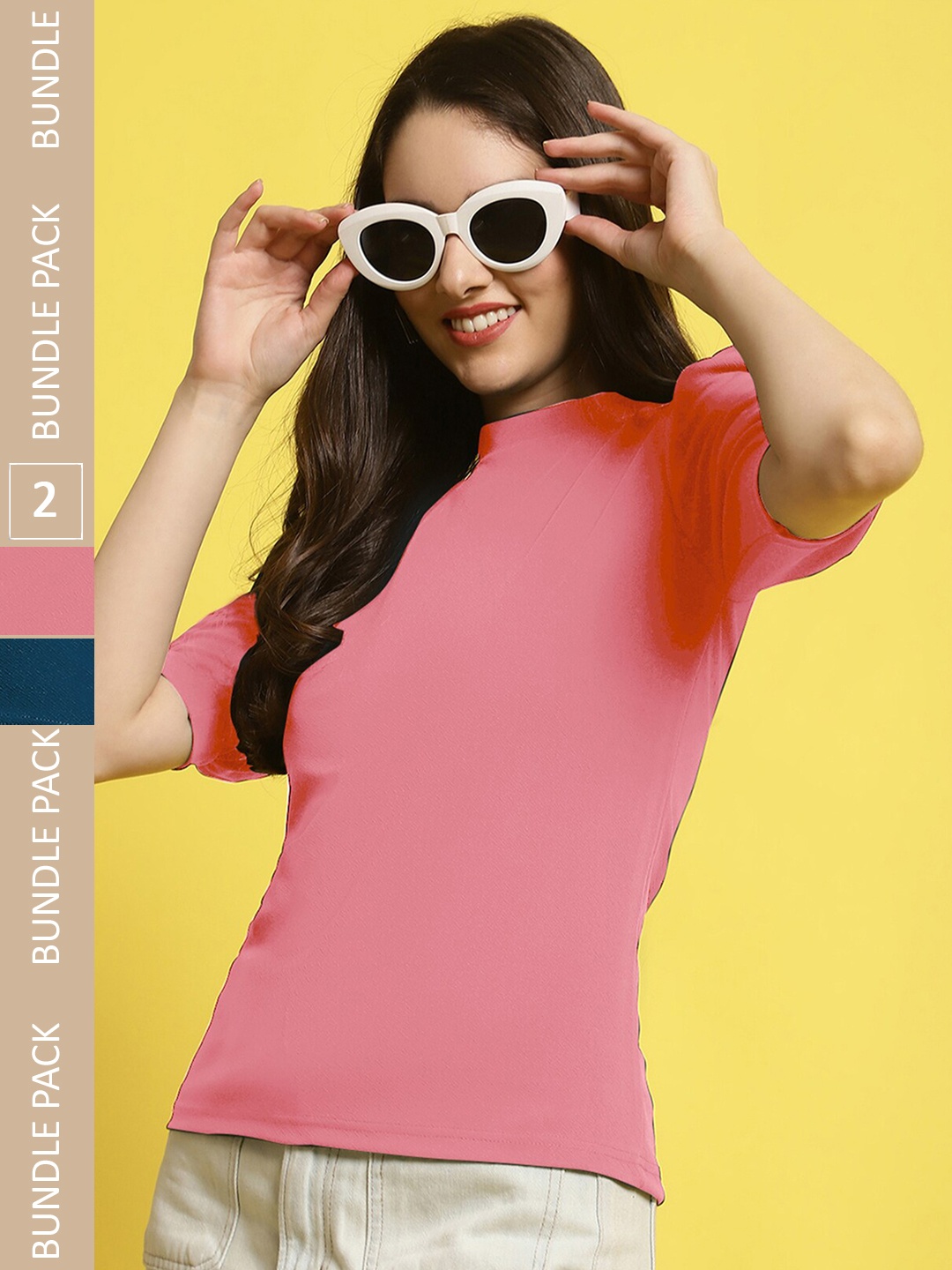 

Fabflee Pack of 2 High Neck Puff Sleeves Top, Peach
