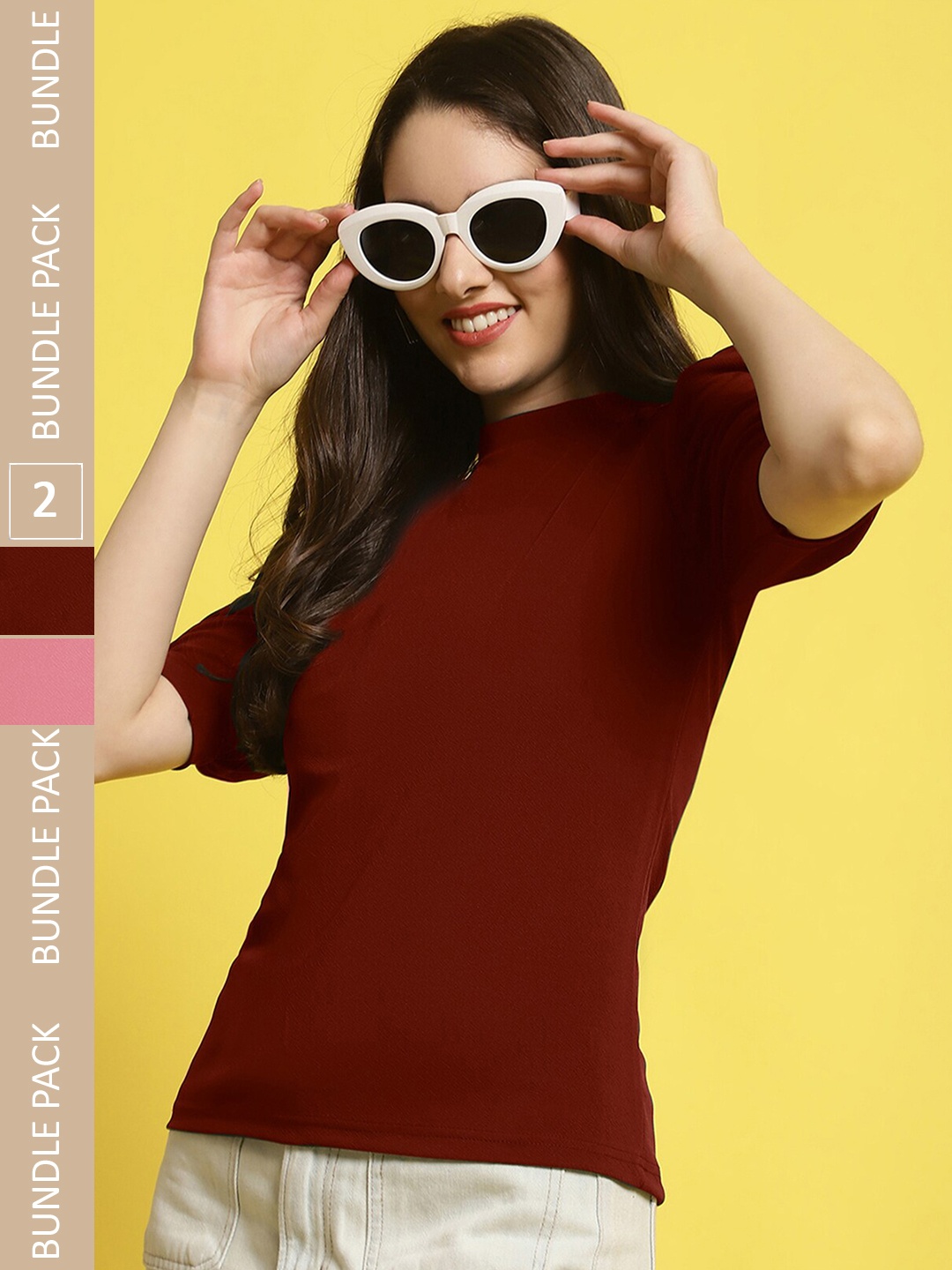 

Fabflee Pack of 2 High Neck Puff Sleeves Top, Maroon