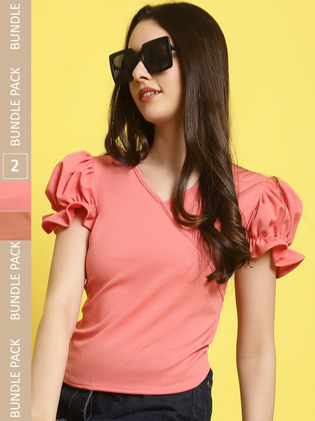 

Fabflee Pack Of 2 Puffed Sleeves Tops, Pink