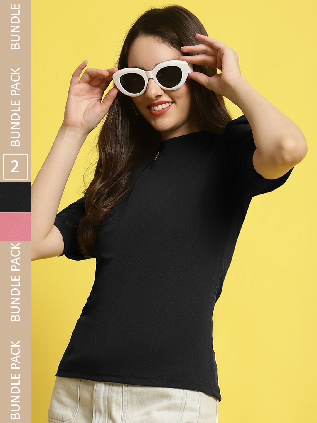 

Fabflee Pack Of 2 High Neck Puff Sleeves Top, Black