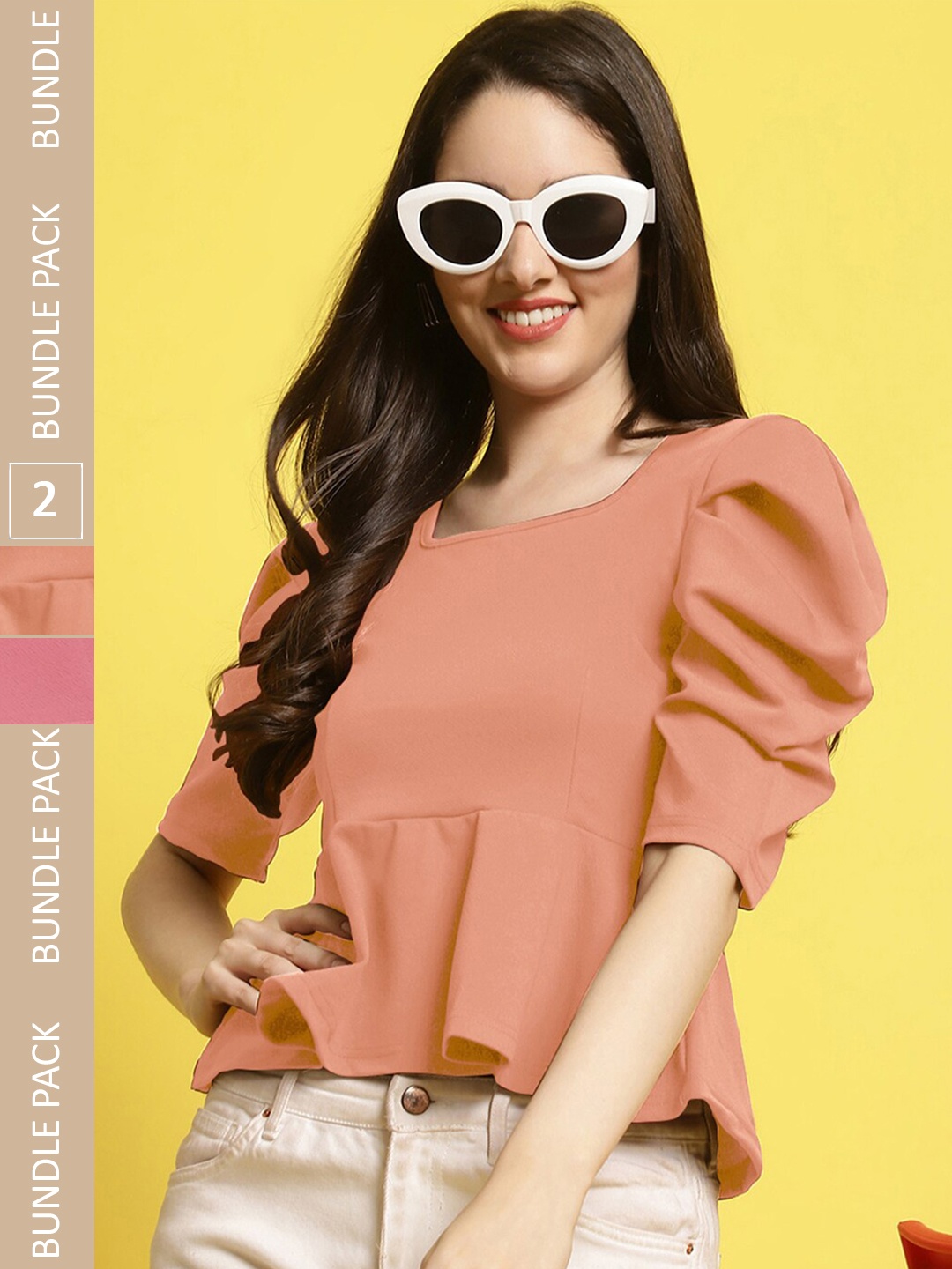 

Fabflee Pack Of 2 Square Neck Puff Sleeves Peplum Top, Orange