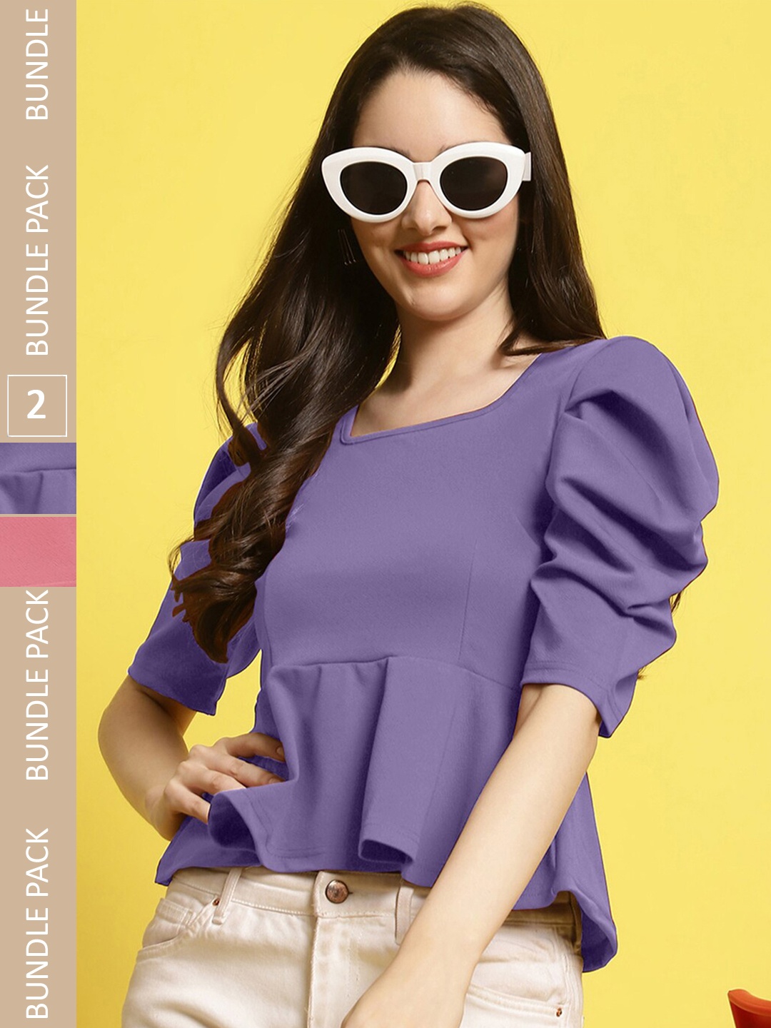 

Fabflee Pack Of 2 Square Neck Puff Sleeves Peplum Top, Purple