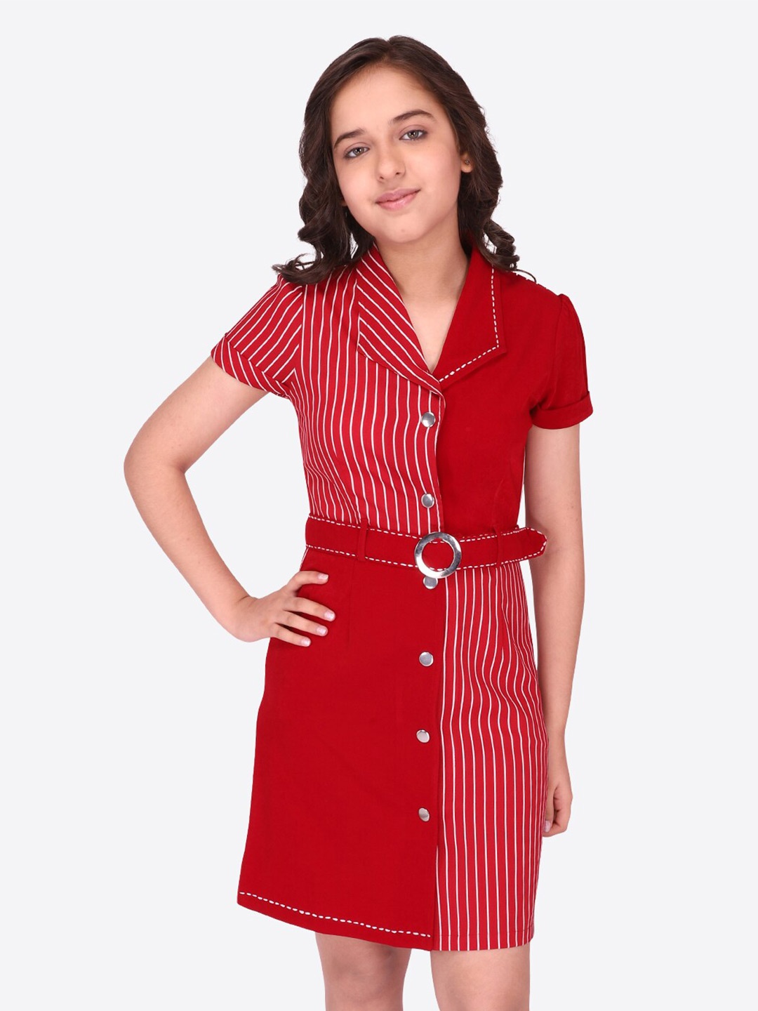 

CUTECUMBER Girls Striped Shirt Dress With Belt, Maroon