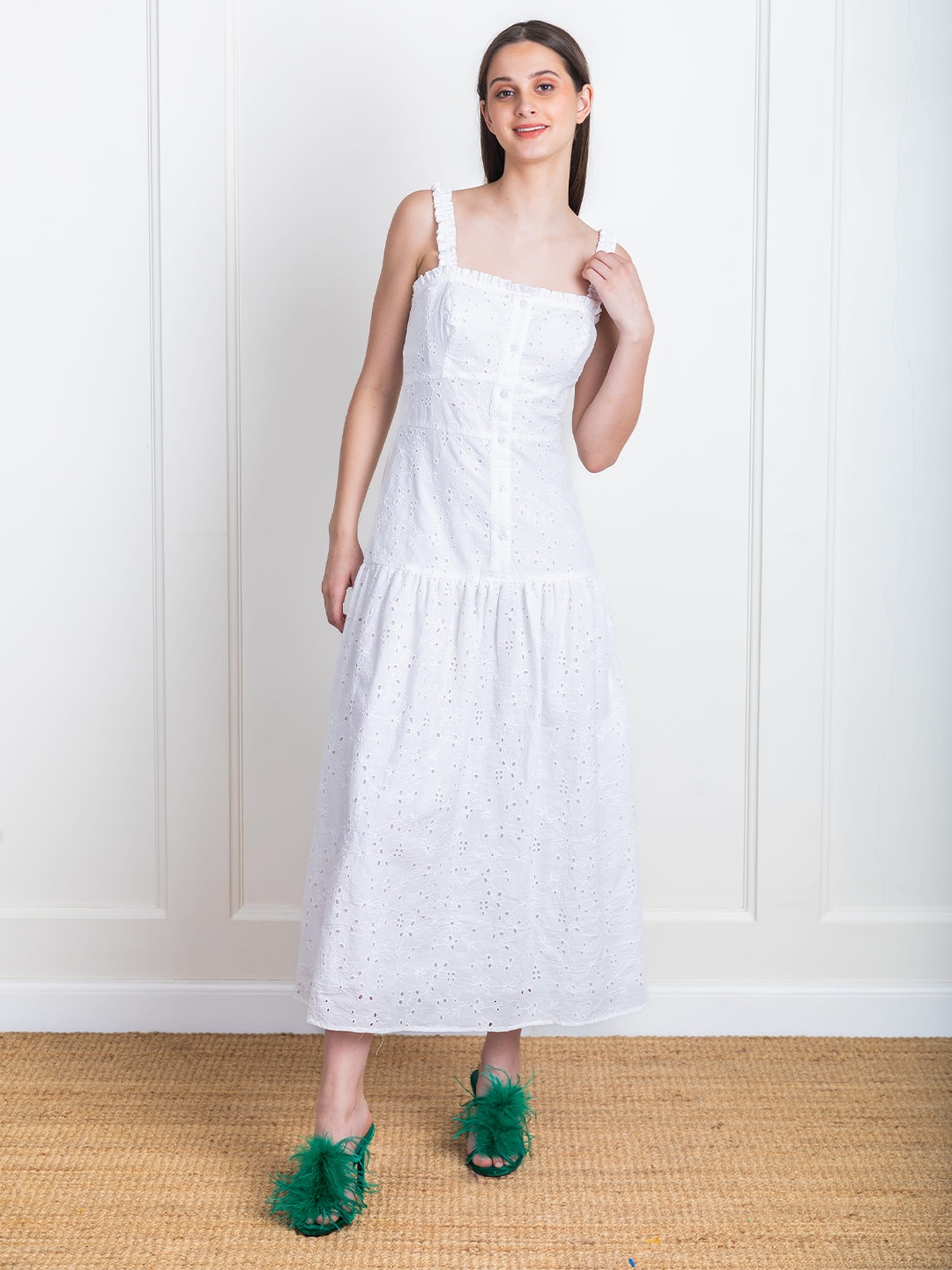 

ELEVEN.O.ONE Self Design Shoulder Straps Schiffli Maxi Dress, White