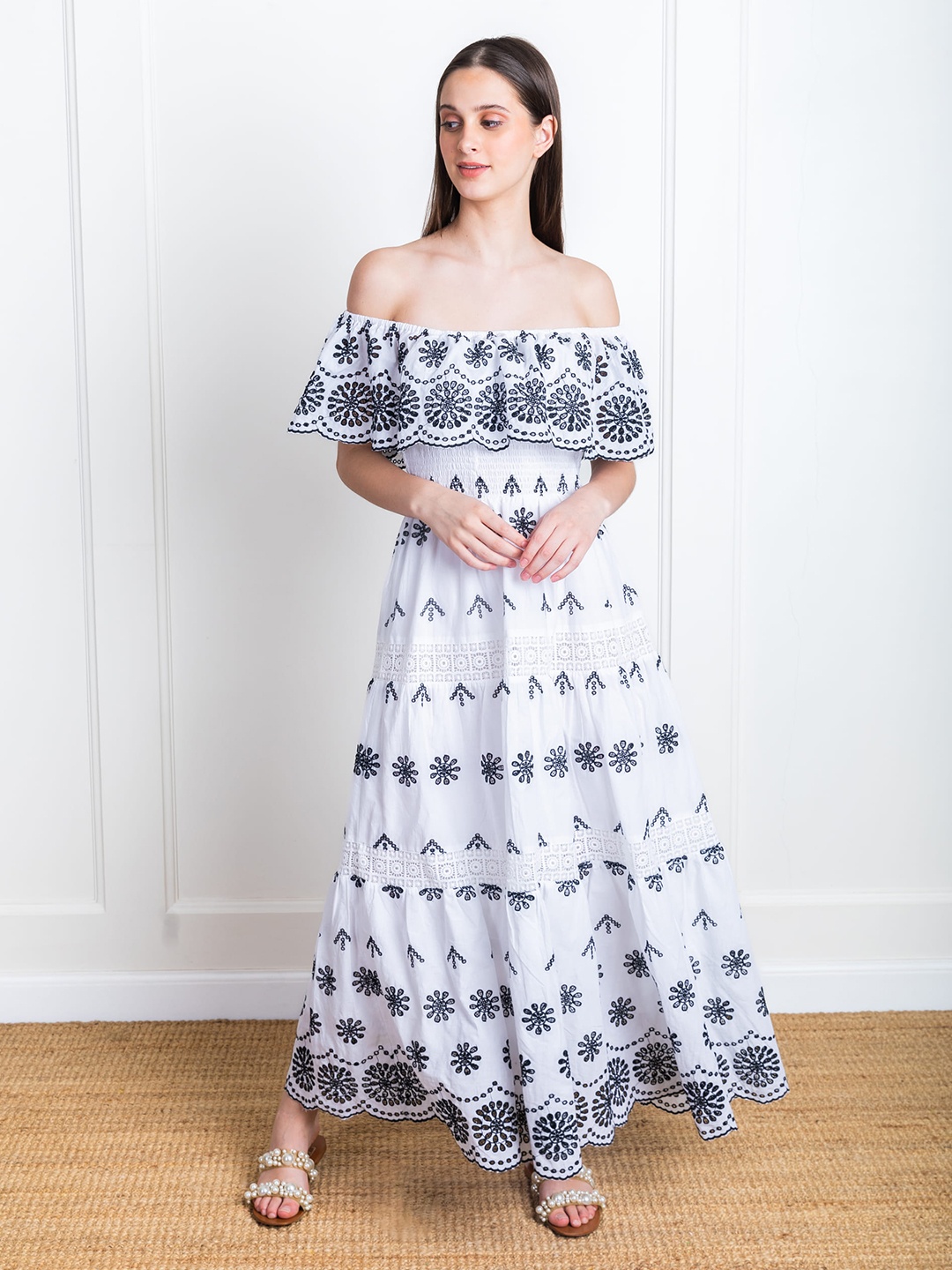 

ELEVEN.O.ONE Floral Embroidered Off-Shoulder Cotton Maxi Dress, Black