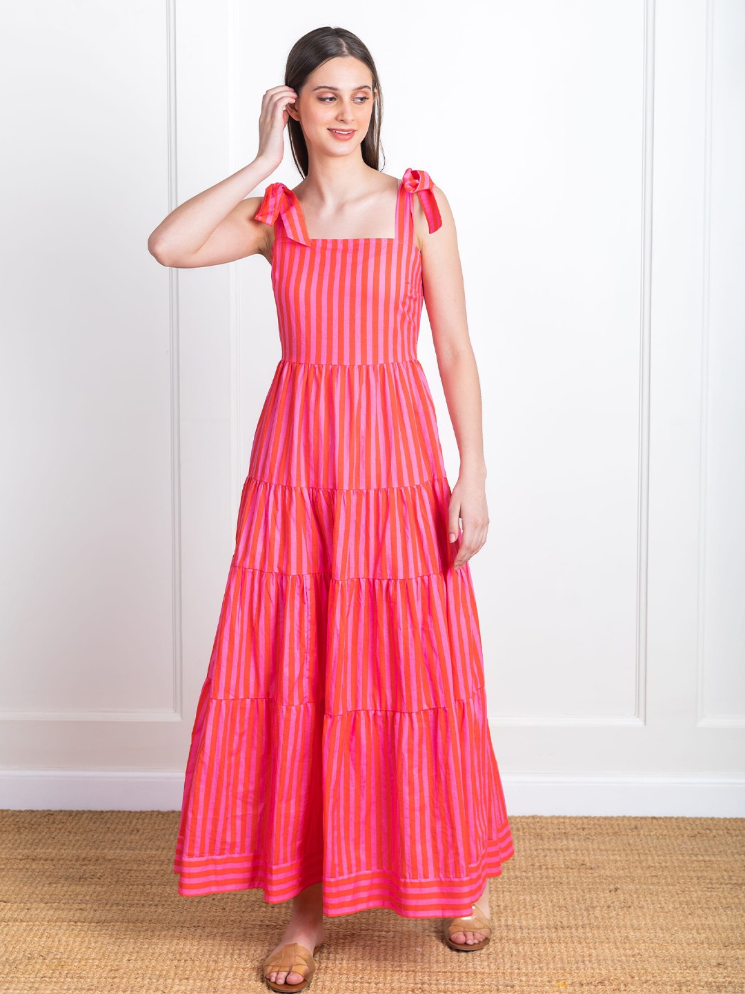 

ELEVEN.O.ONE Striped Cotton Maxi Dress, Red