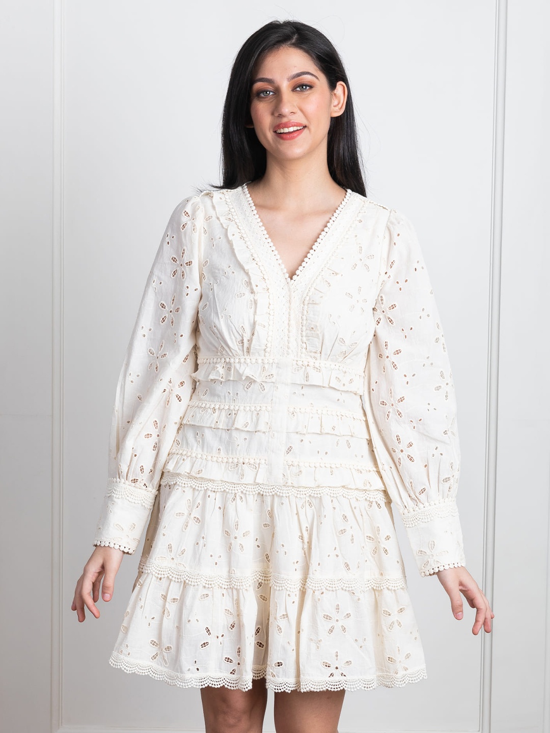 

ELEVEN.O.ONE Self Design Puff Sleeves Cotton A-Line Dress, Off white