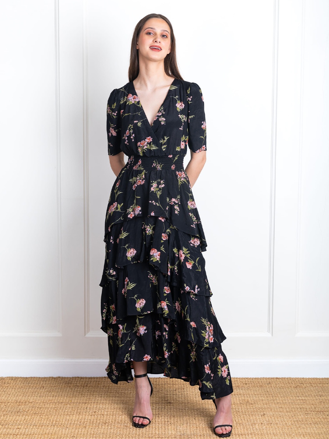 

ELEVEN.O.ONE Floral Printed V-Neck Maxi Dress, Navy blue