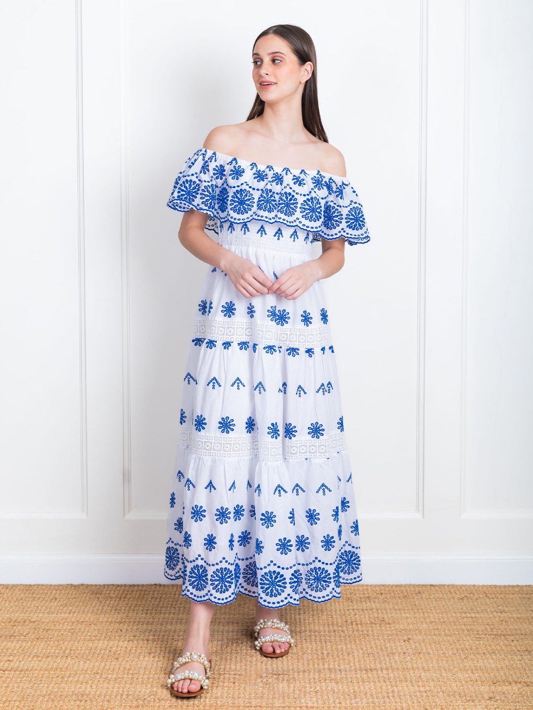 

ELEVEN.O.ONE Floral Embroidered Off-Shoulder Cotton Maxi Dress, Blue