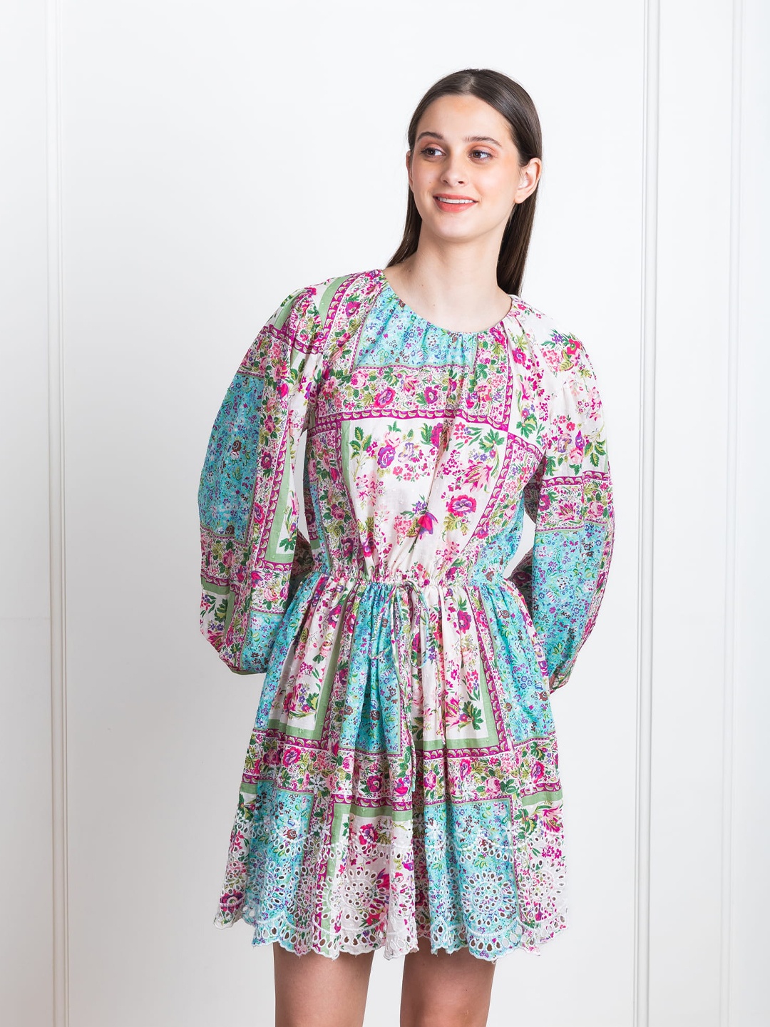 

ELEVEN.O.ONE Floral Printed Puff Sleeves Cotton Fit & Flare Dress, Blue