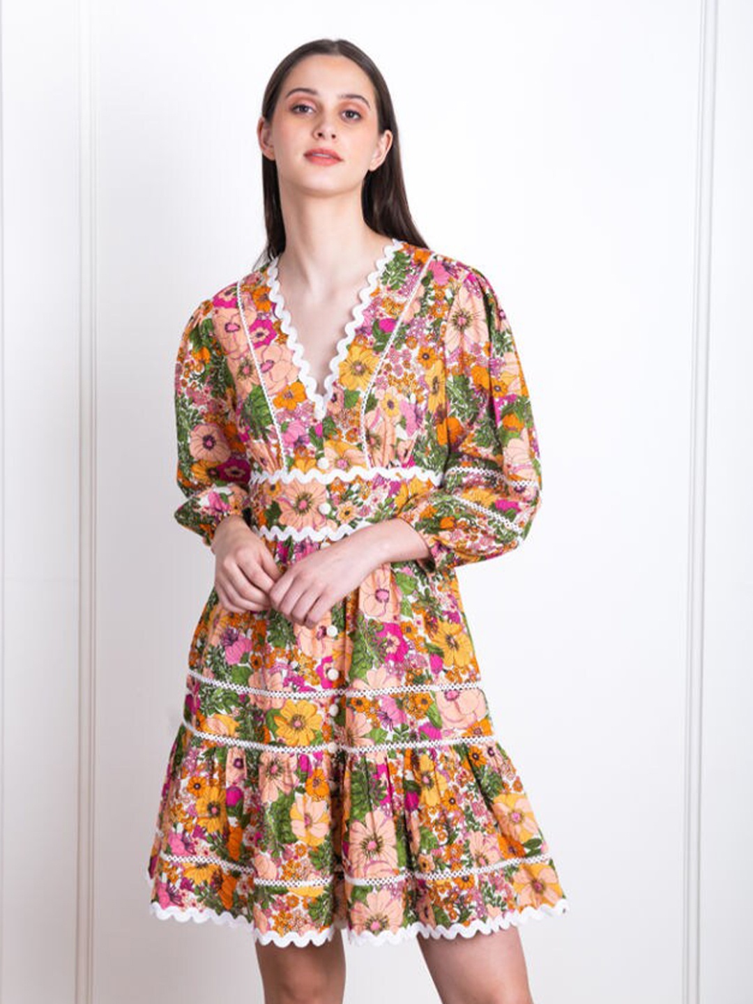 

ELEVEN.O.ONE Floral Printed Puff Sleeves Cotton Fit & Flare Dress, Yellow