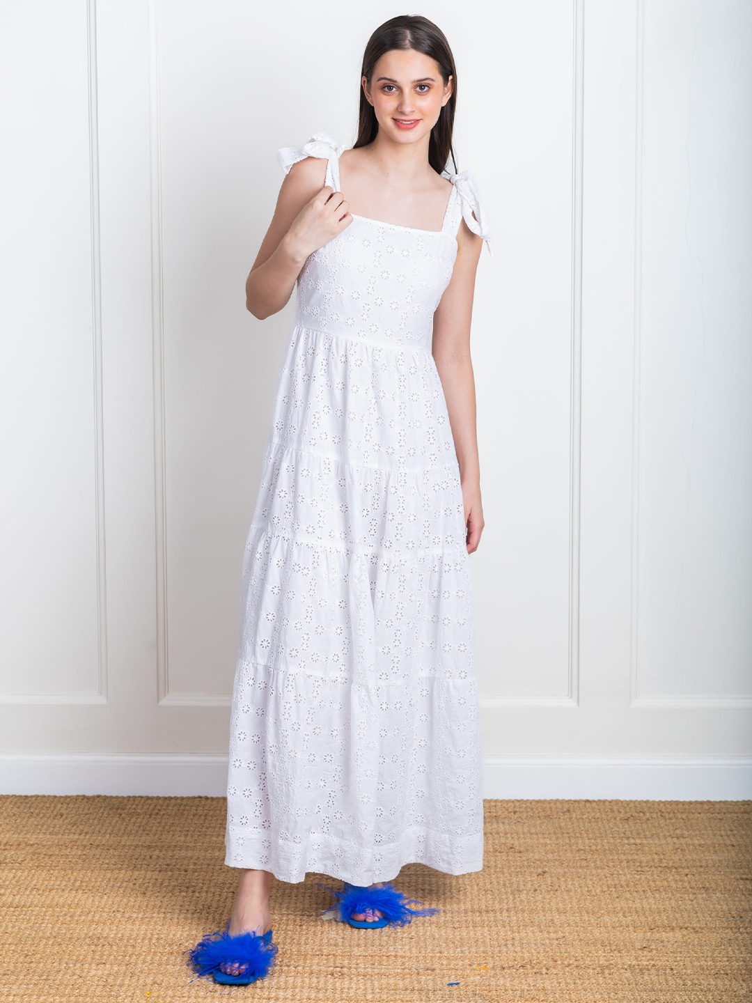 

ELEVEN.O.ONE Self Design Shoulder Straps Tiered Schiffli Cotton Maxi Dress, White