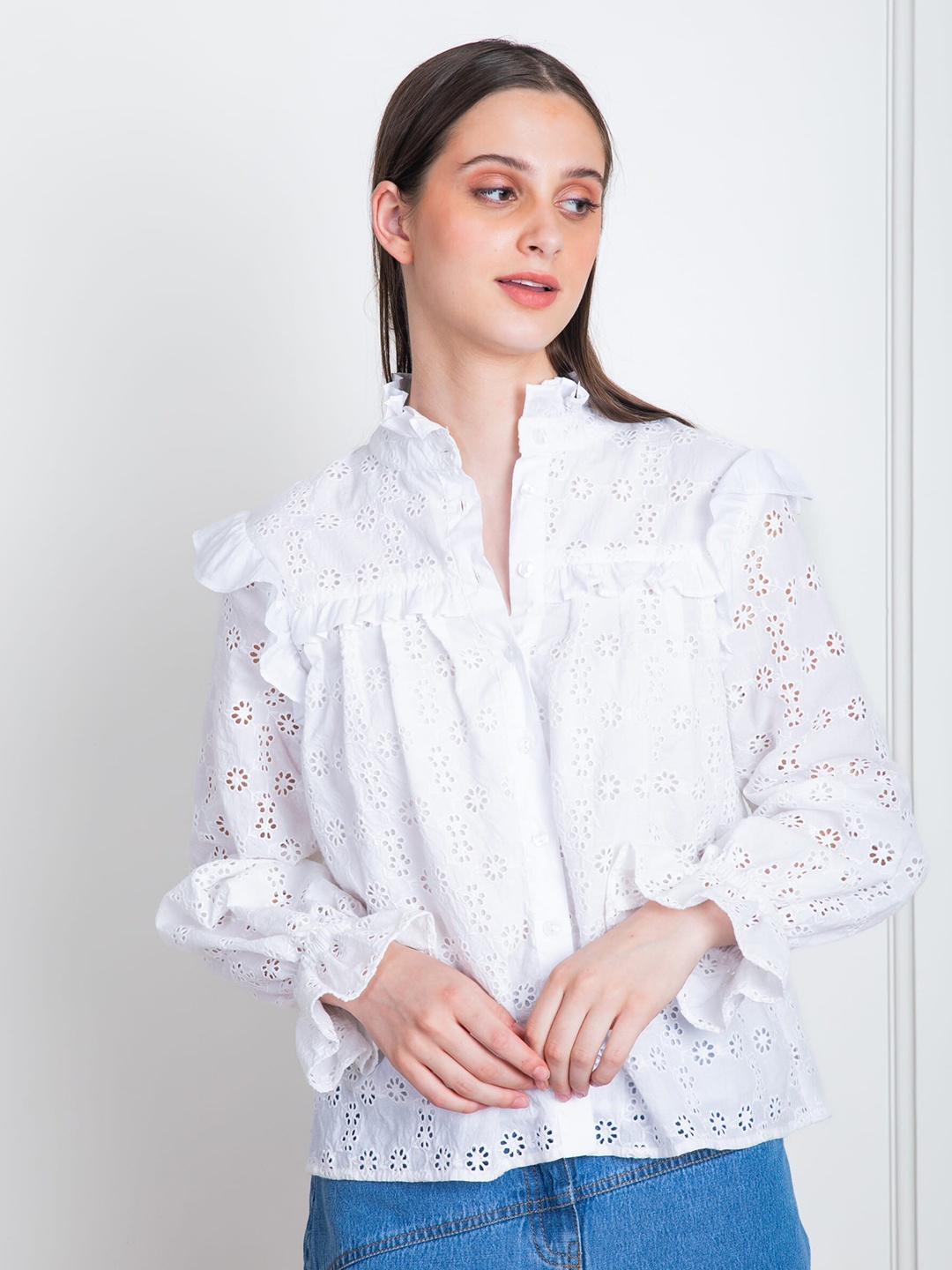 

ELEVEN.O.ONE Self Design High Neck Cuffed Sleeves Schiffli Cotton Shirt Style Top, White