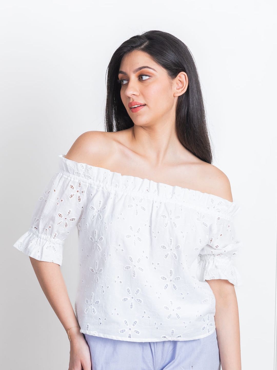 

ELEVEN.O.ONE Self Design Off-Shoulder Puff Sleeves Cotton Bardot Top, White