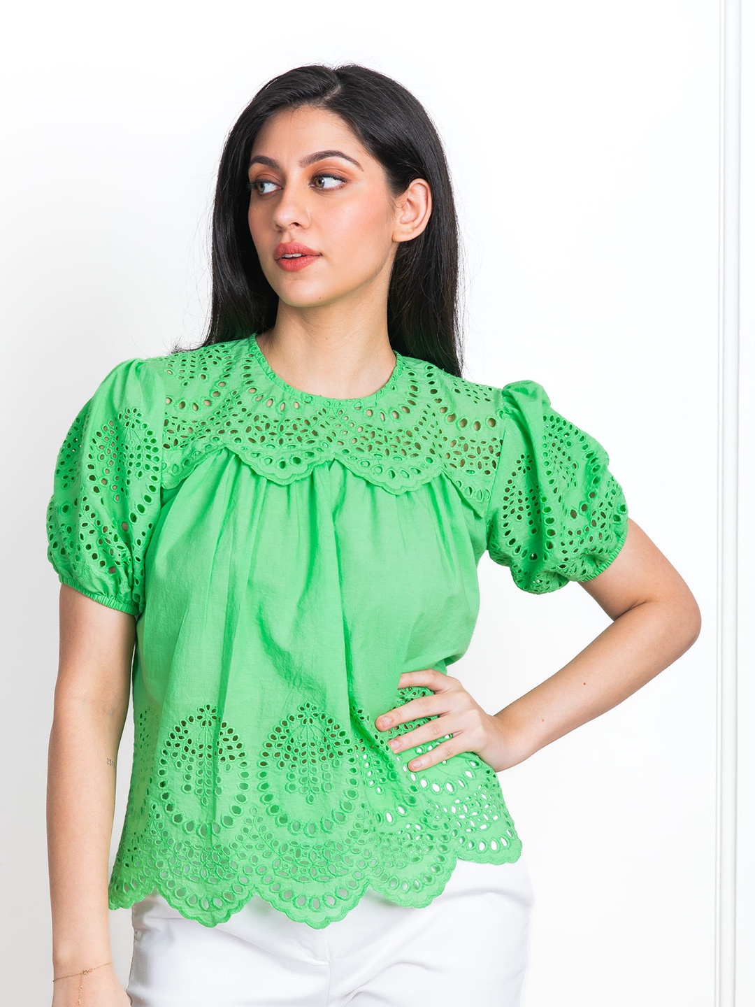 

ELEVEN.O.ONE Self Design Puff Sleeves Schiffli Cotton Regular Top, Green