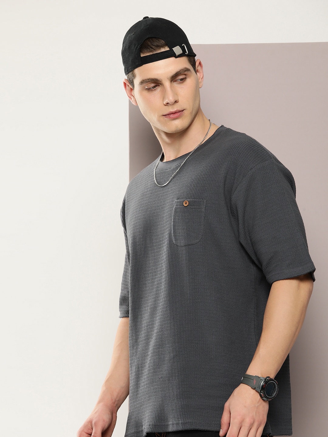 DILLINGER Men Self Design Jacquard Structure Oversized T-shirt, Grey