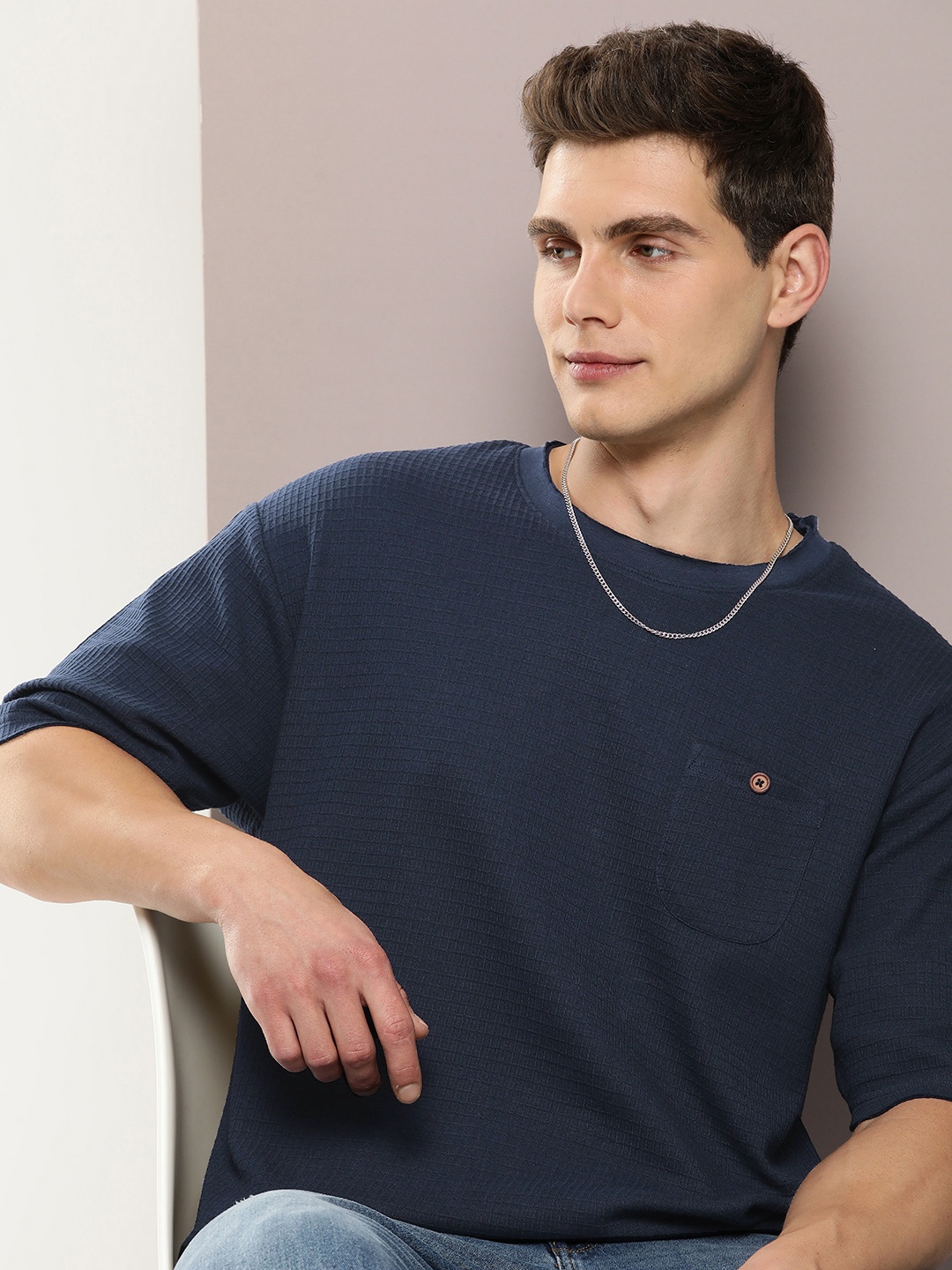 

DILLINGER Men Self Design Oversized T-shirt, Navy blue