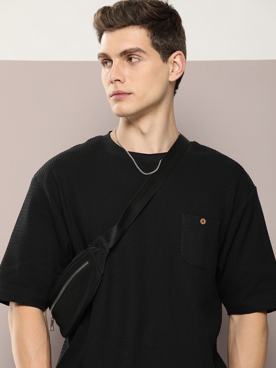 

DILLINGER Men Self Design Oversized T-shirt, Black