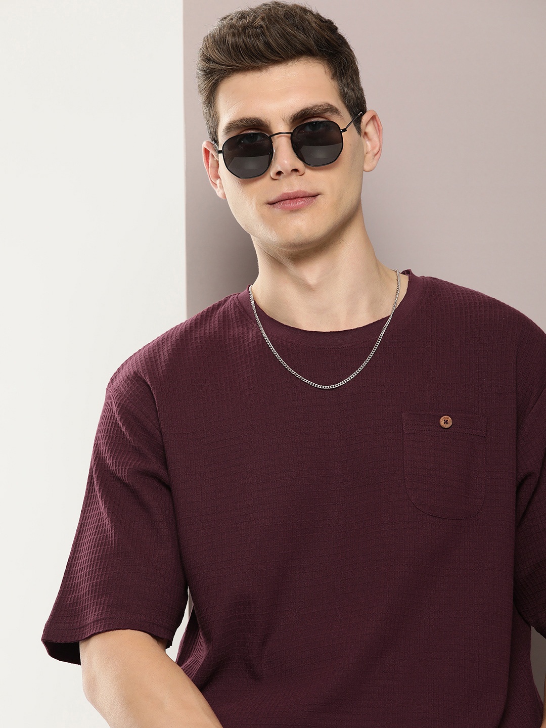 

DILLINGER Men Self Design Oversized T-shirt, Maroon