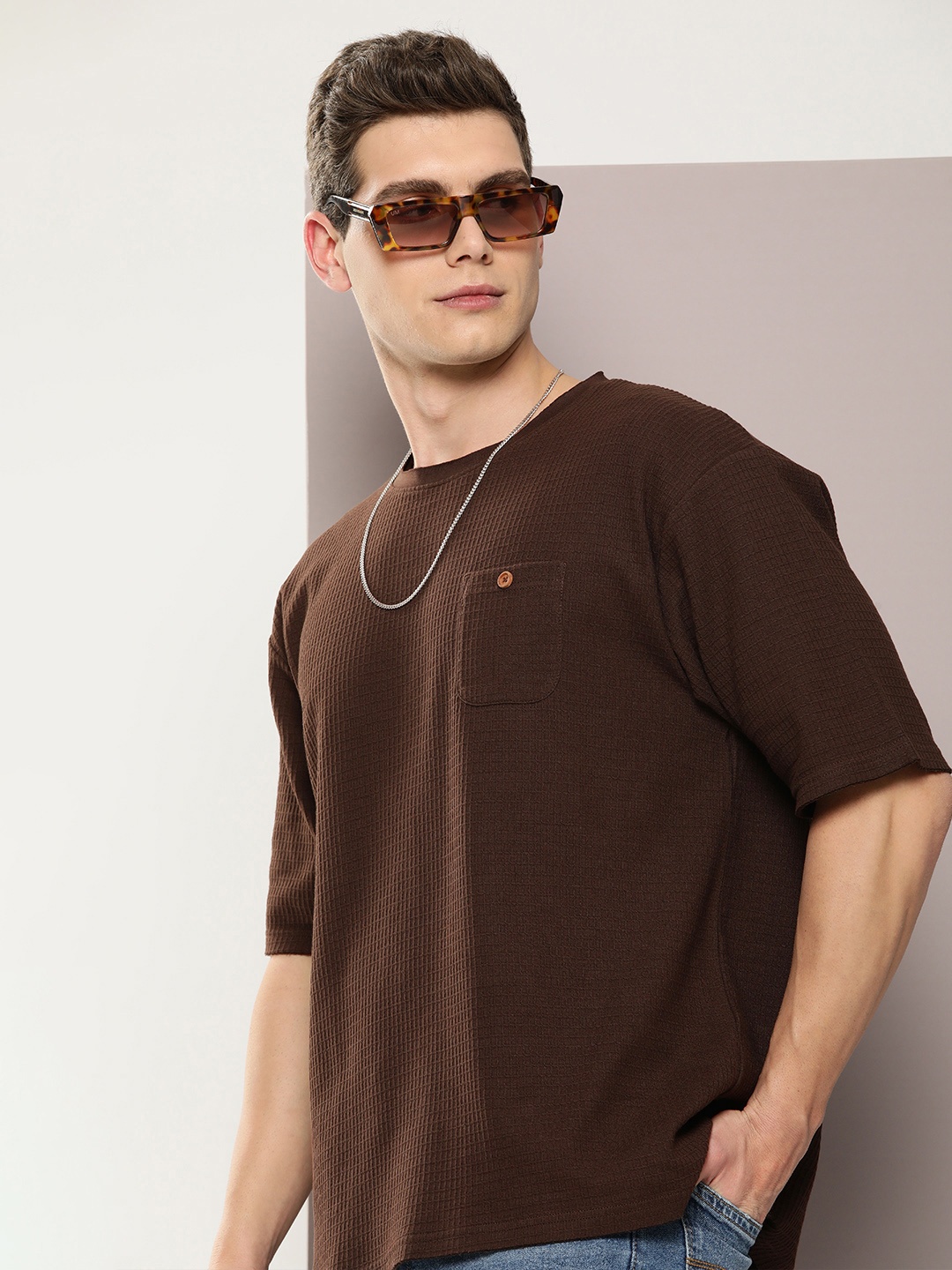 

DILLINGER Men Self Design Oversized T-shirt, Brown