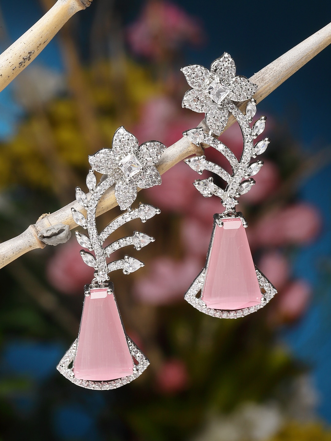 

ZENEME Rhodium-Plated Floral Drop Earrings, Silver
