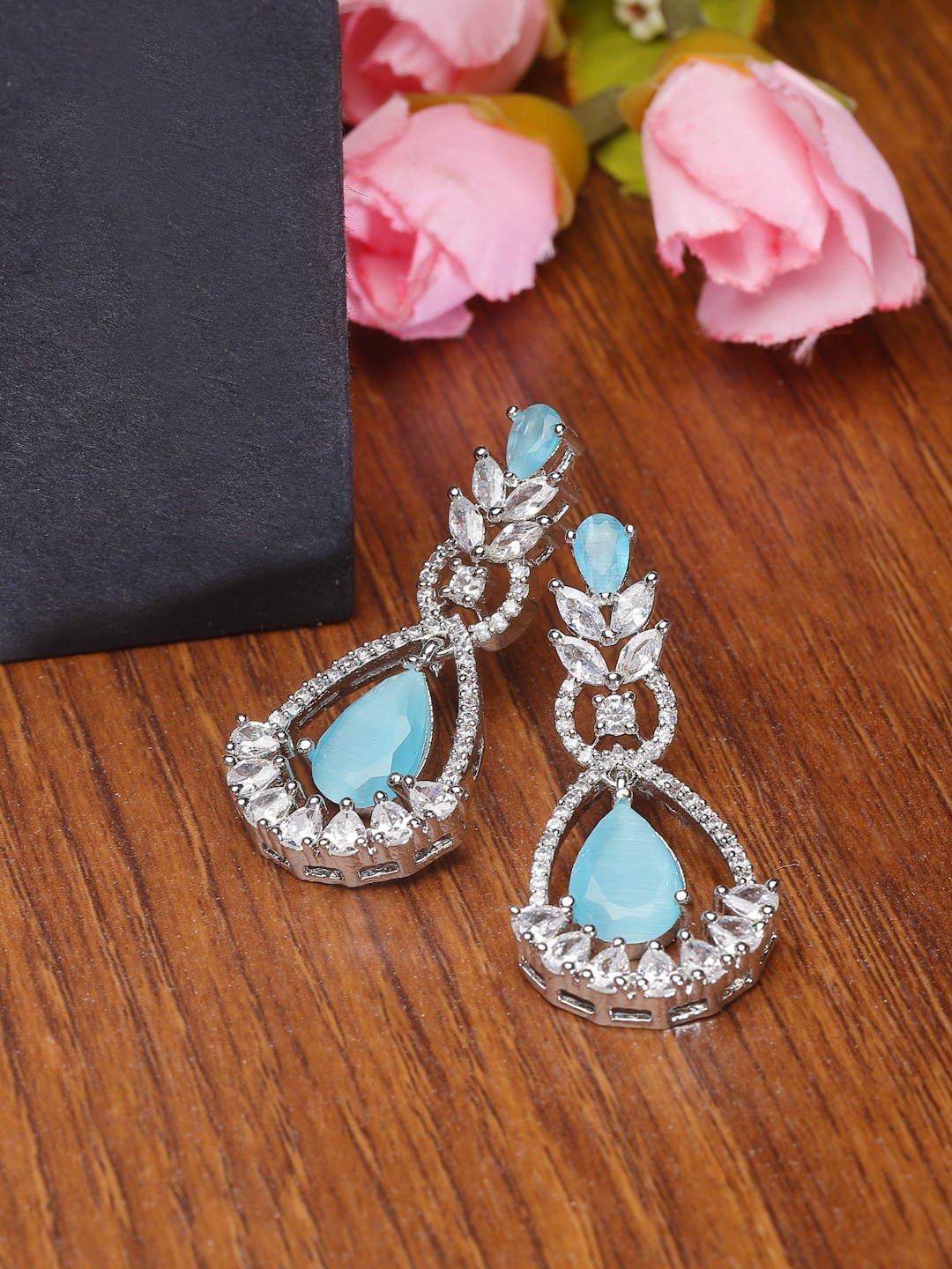 

ZENEME Rhodium-Plated American Diamond Studded Teardrop Shaped Drop Earrings, Blue